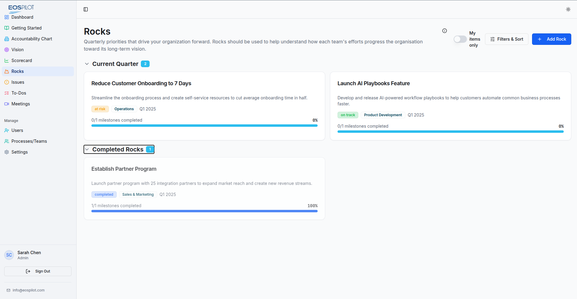 Quarterly Rocks with progress tracking