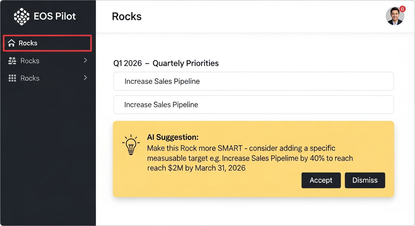 AI Suggestions panel offering SMART goal improvements inline