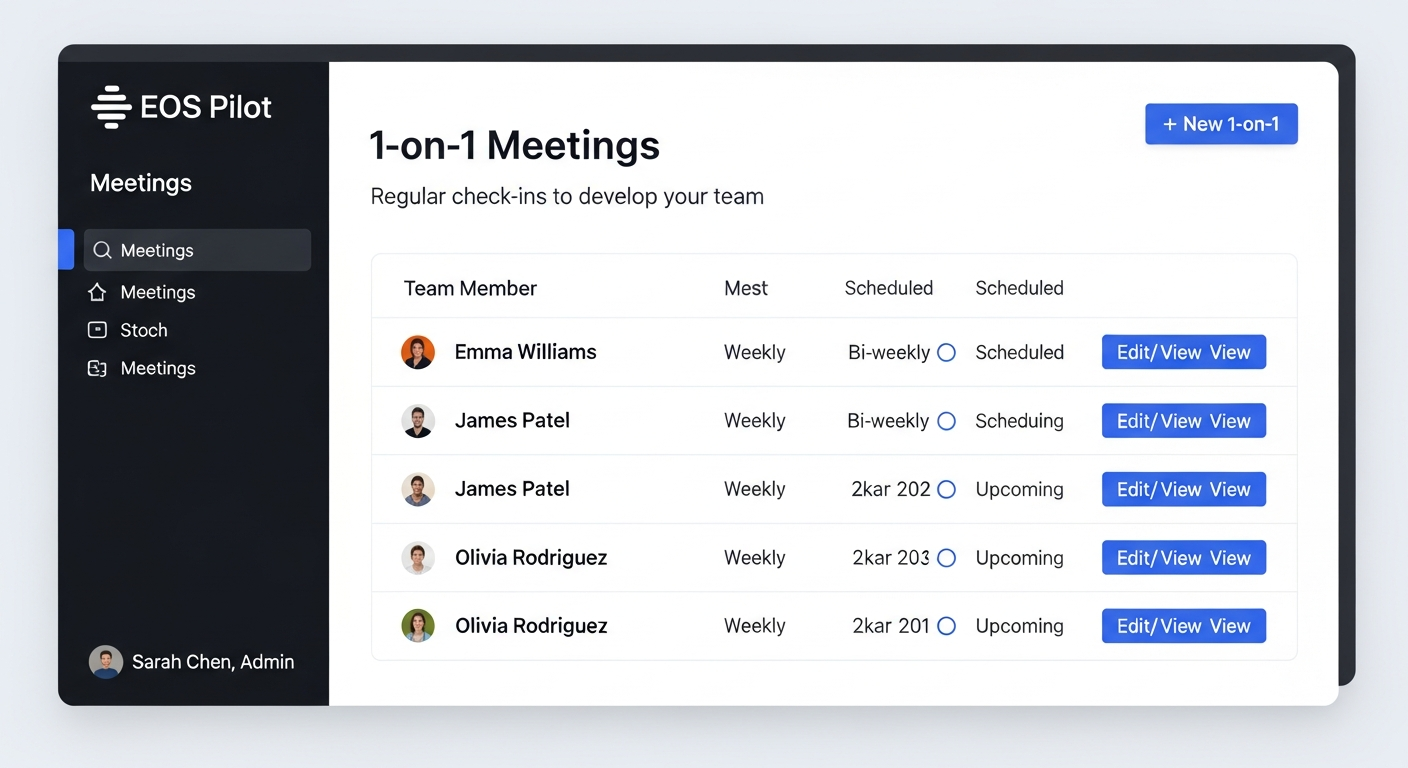 1-on-1 meetings list with team members and scheduling